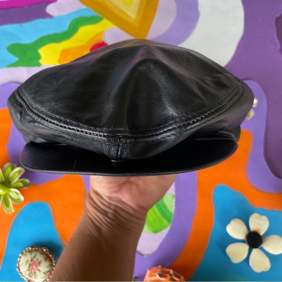 Vintage 60s Leather Newsboy Cap Biker Betty Boop Style Genuine Leather Large - Picture 3 of 8